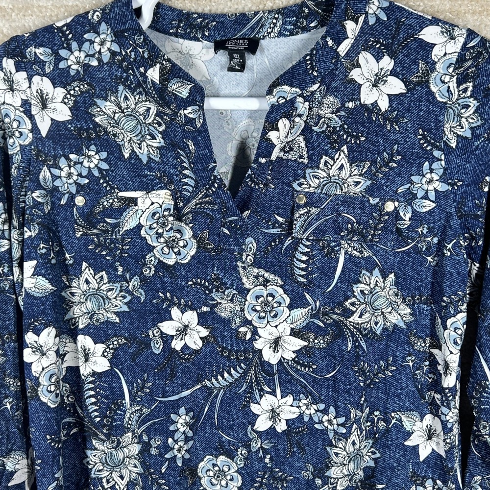 Jones New York Womens Signature Floral Split Neck Blouse Blue Large